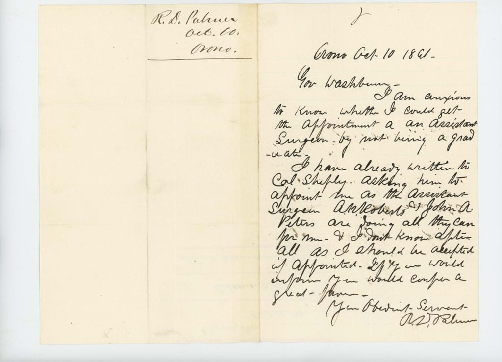 Miniature of R.D. Palmer solicits appointment as a surgeon though not a graduate