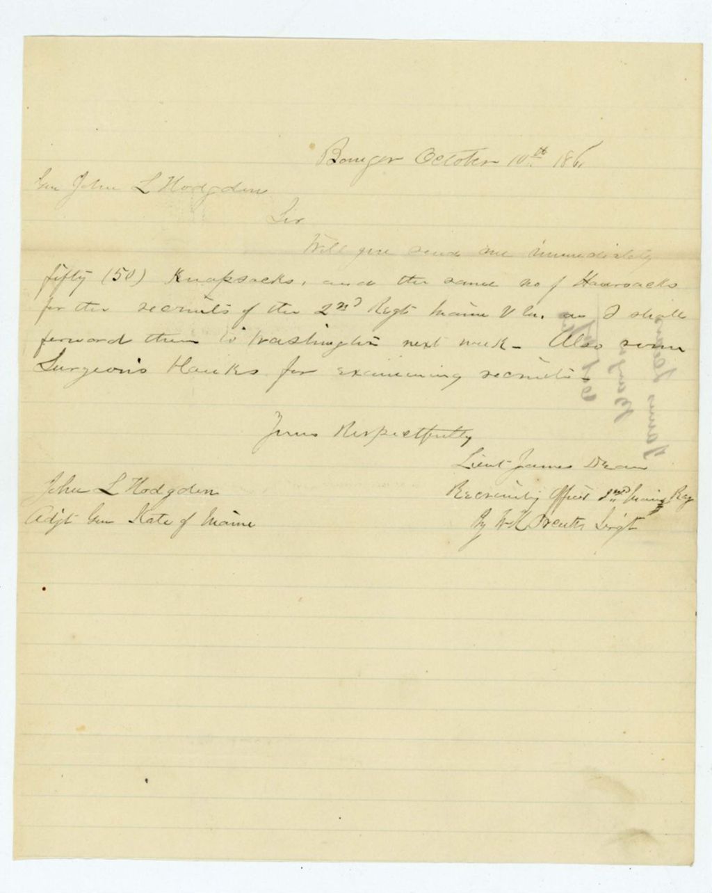 Miniature of Recruiting officer Lieutenant James Dean requests knapsacks, haversacks, and medical examination blanks