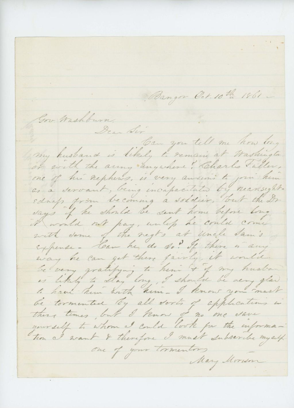 Miniature of Mary Morrison wishes information about how long her husband will be in service