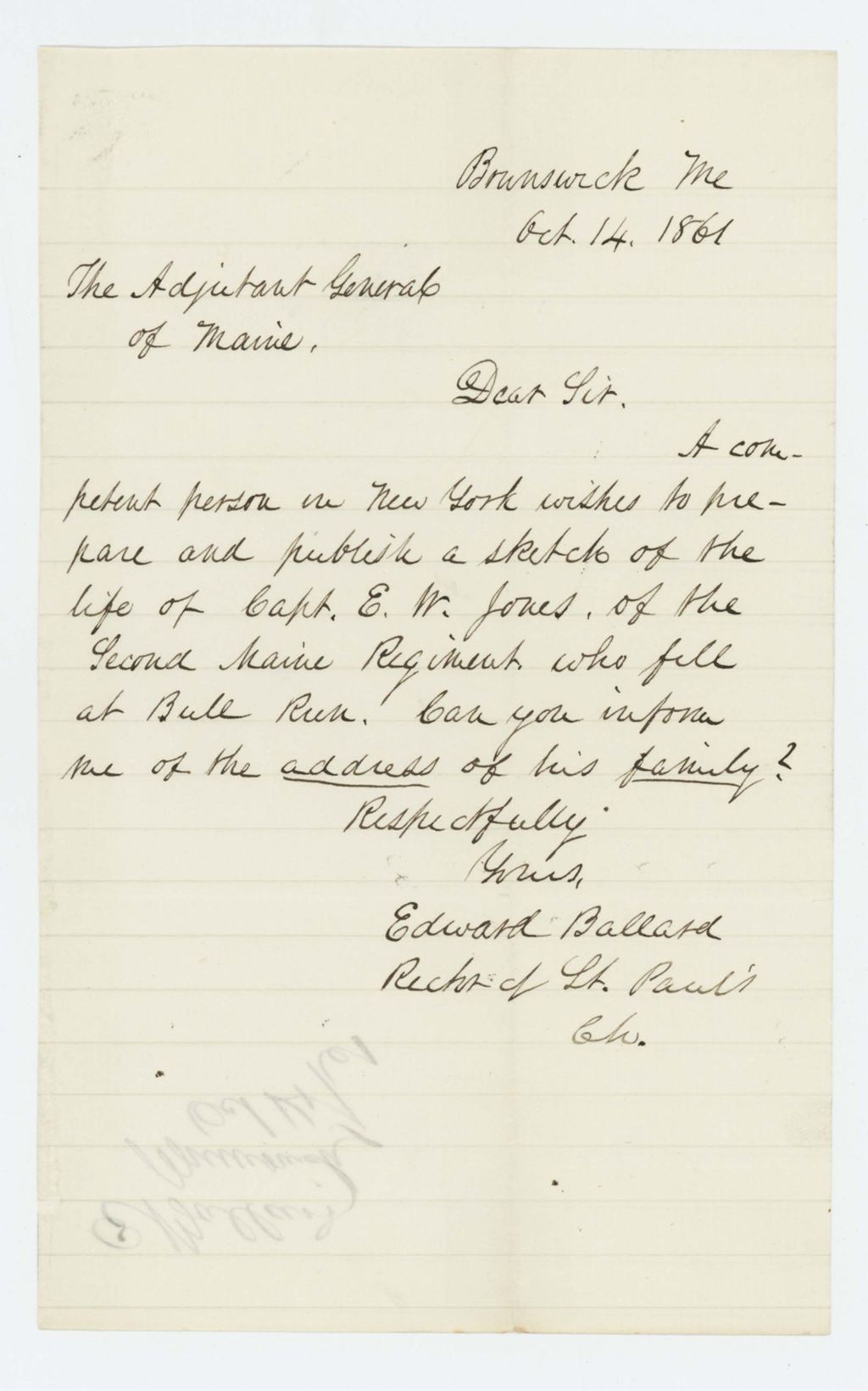 Miniature of Reverend Edward Ballard requests information on Captain E.W. Jones