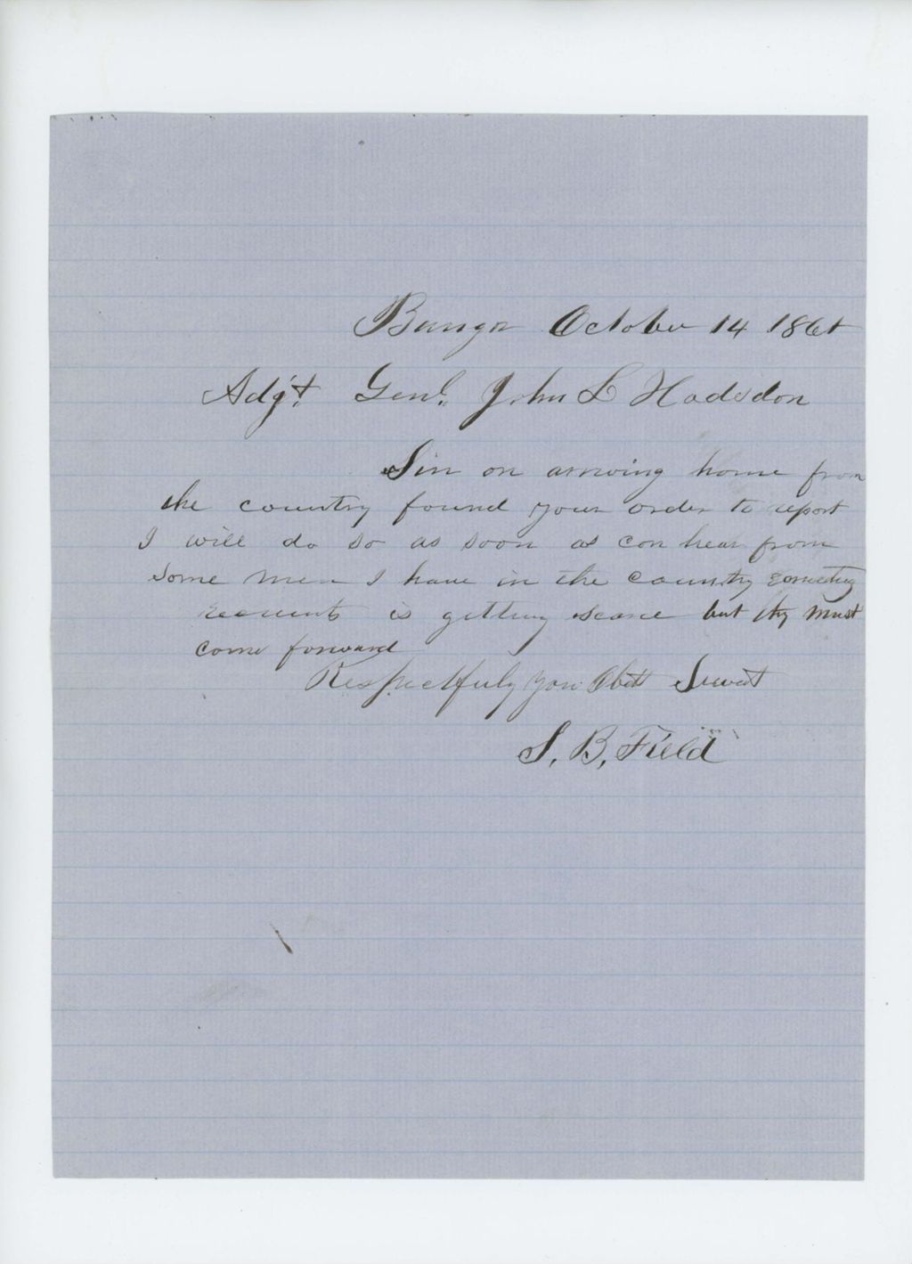 Miniature of S.B. Field acknowledges request to report for duty