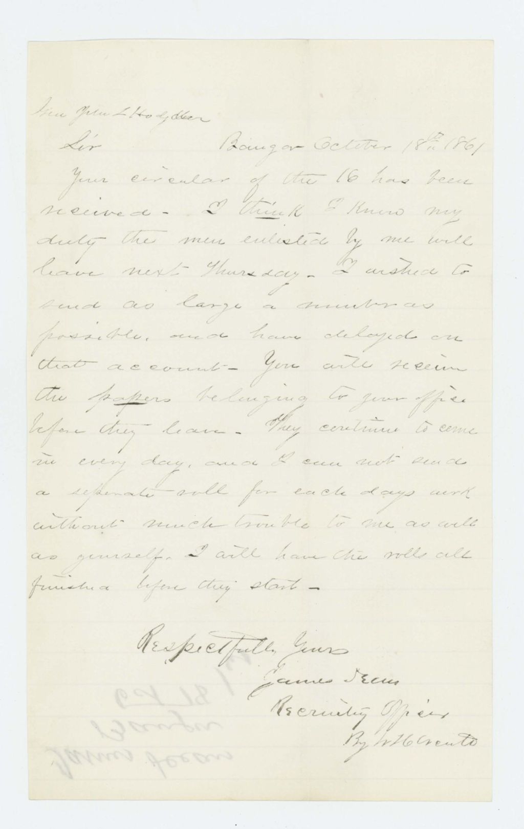 Miniature of Recruiting officer James Dean notifies Adjutant General Hodsdon he is sending more recruits