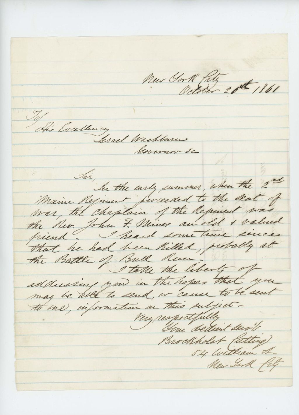 Miniature of Brockholst Cutting requests confirmation of the death of Reverend John Mines