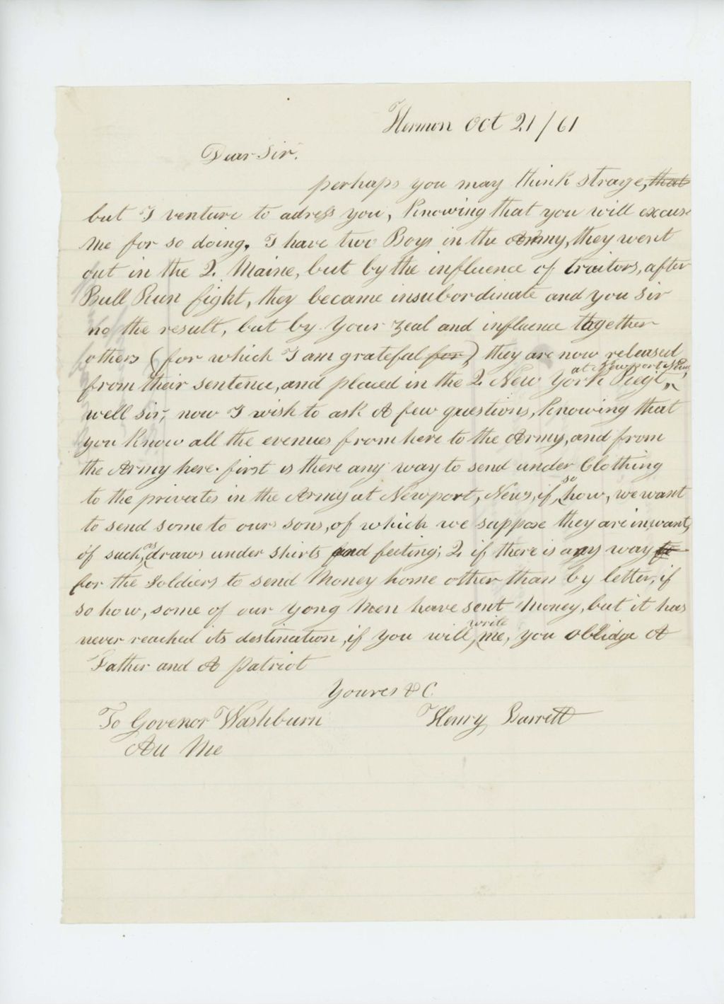 Miniature of Henry Barrett inquires how to send clothing to his sons
