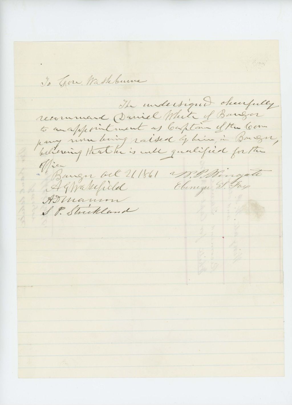 Miniature of W.P. Wingate and others recommend Daniel White for Captain