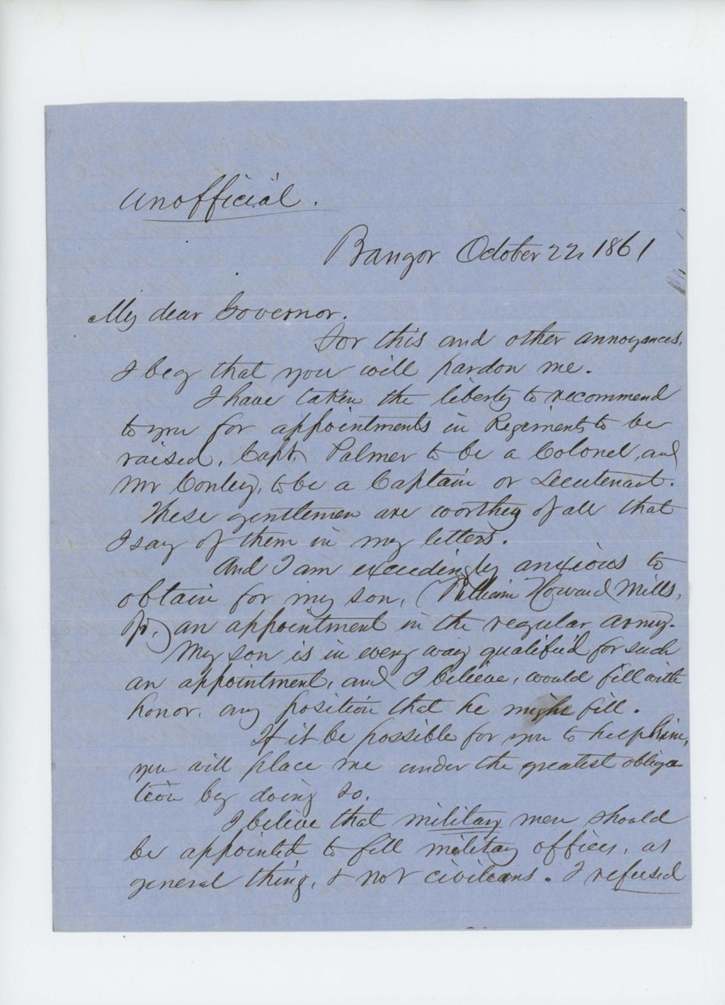 Miniature of William H. Mills recommends Palmer and Conley for promotion and asks for position for his son