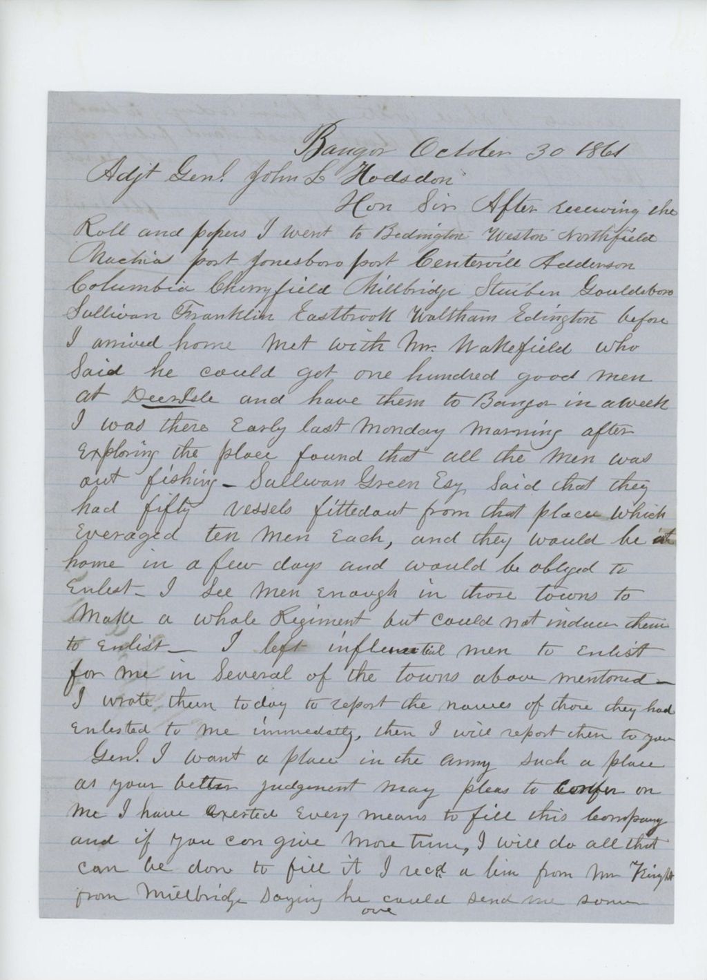 Miniature of S.B. Field writes to Adjutant General Hodsdon regarding difficulty recruiting men and asks for a position