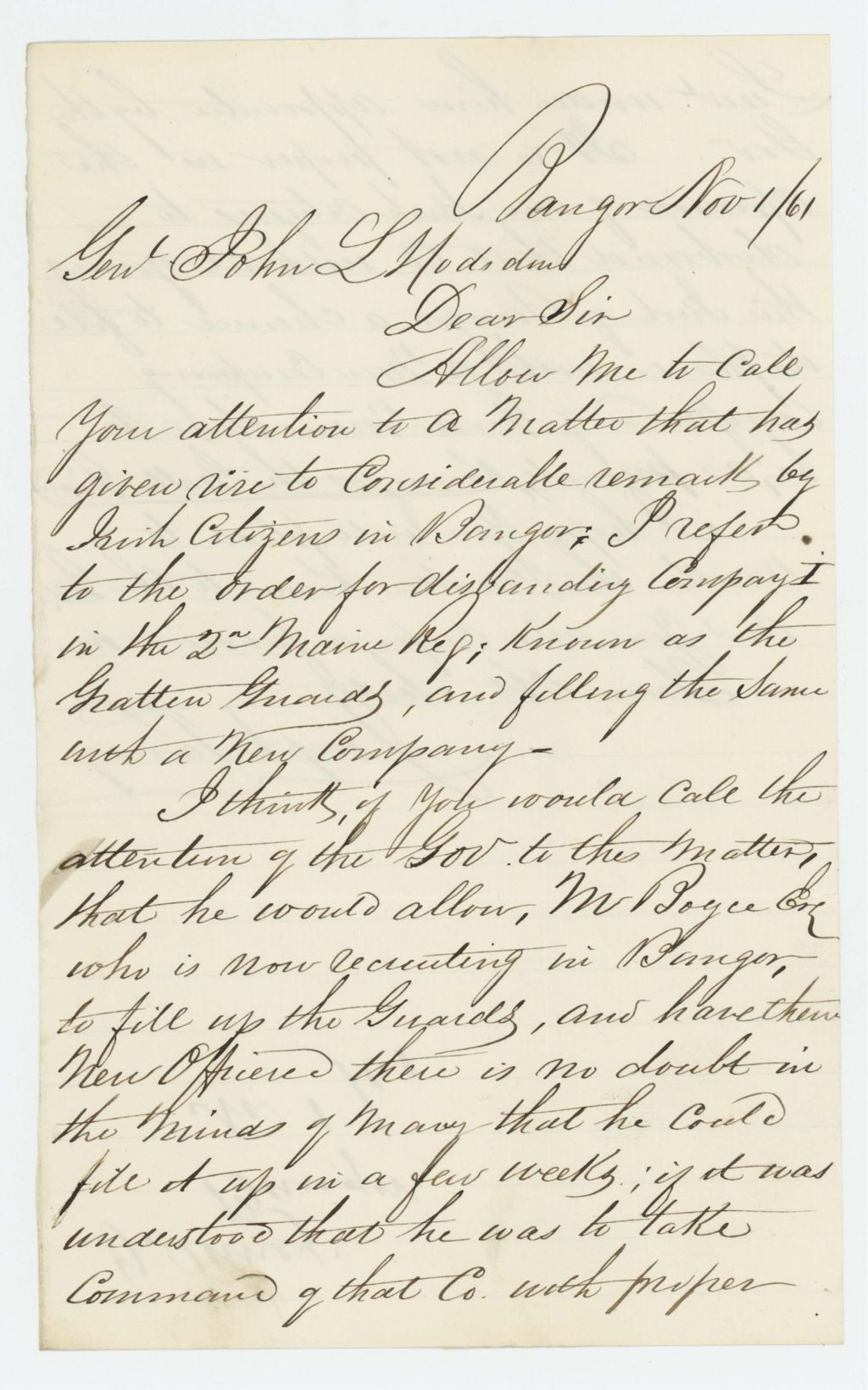 Miniature of Joseph Taney[?] writes to Adjutant General Hodsdon about dissolution of the Grattan Guards