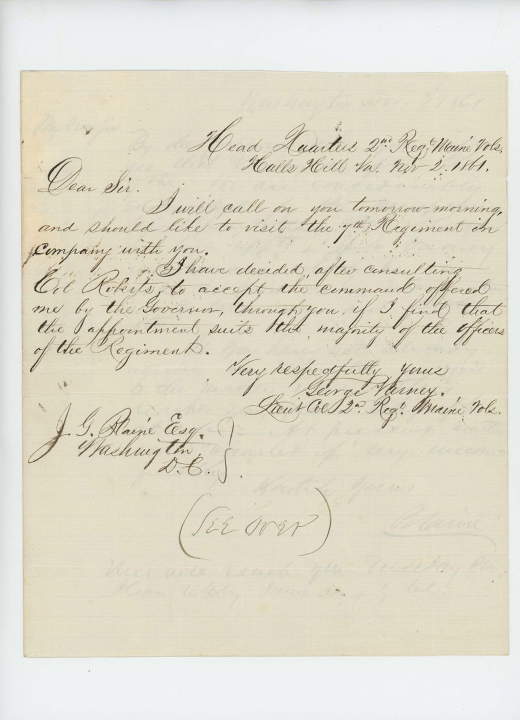 Miniature of Correspondence between James G. Blaine, Governor Washburn, and Lieutenant Colonel George Varney