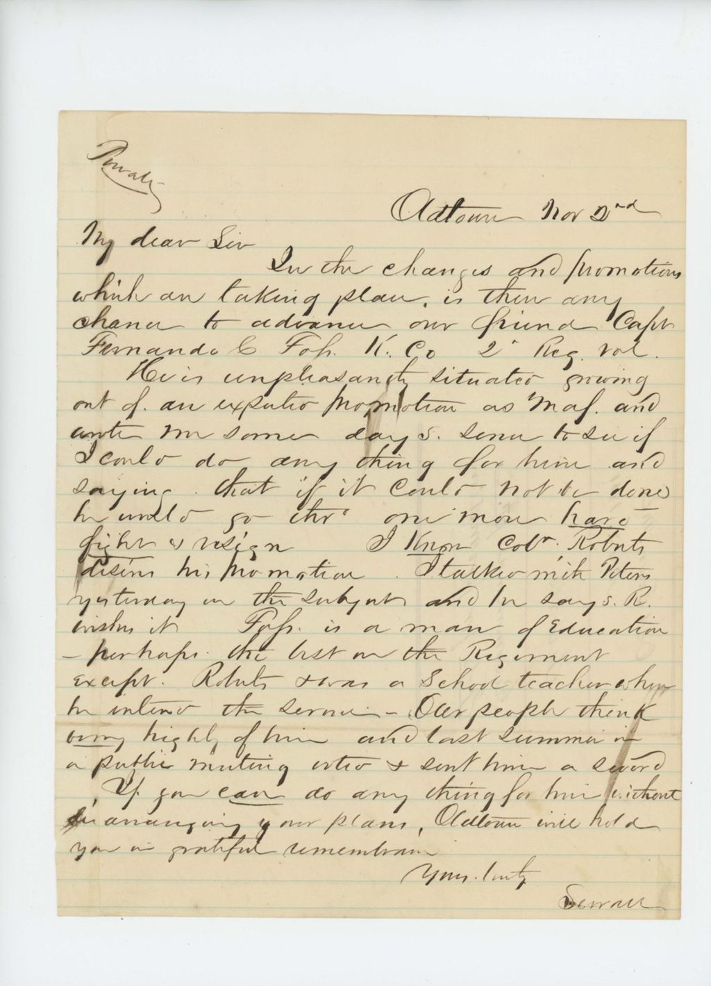 Miniature of Sewall recommends Captain Fernando C. Foss for promotion