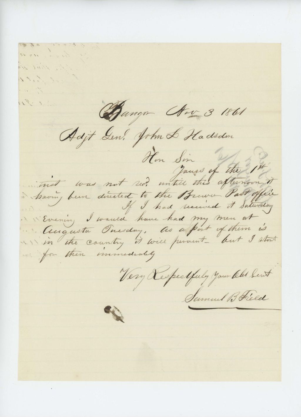 Miniature of Samuel B. Field writes to Adjutant General Hodsdon regarding recruits