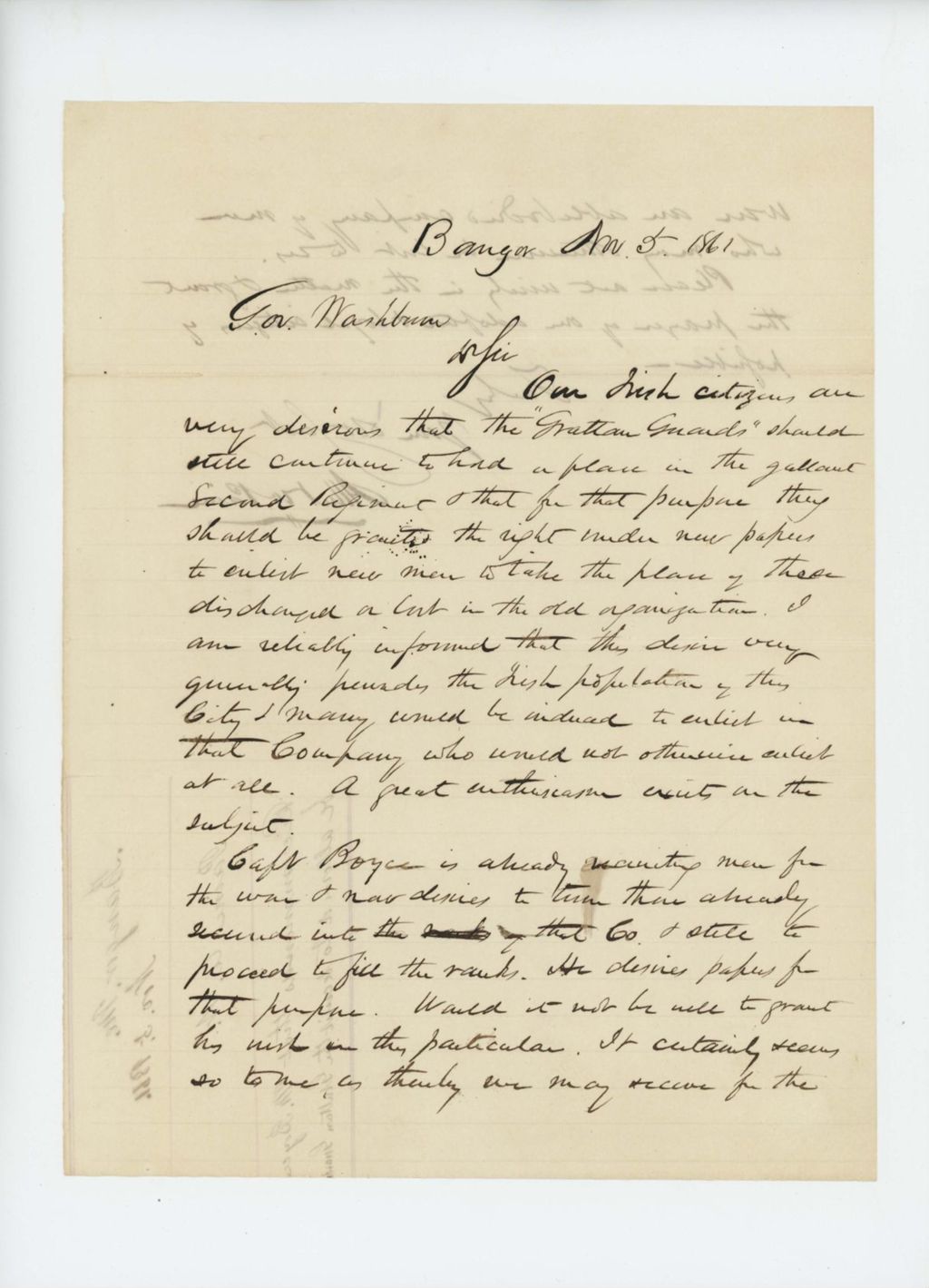 Miniature of Albert Paine recommends that Mr. Boyce recruit for the Grattan Guards