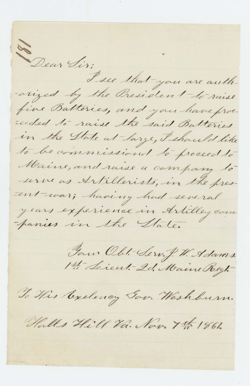 Miniature of 1st Lieutenant Adams requests permission to raise a company of artillerists