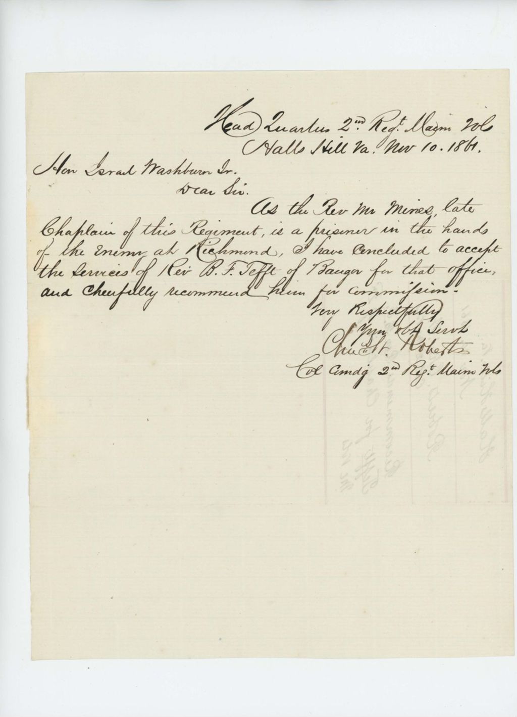 Miniature of Colonel Charles Roberts accepts Reverend B.F. Tefft as regiment chaplain