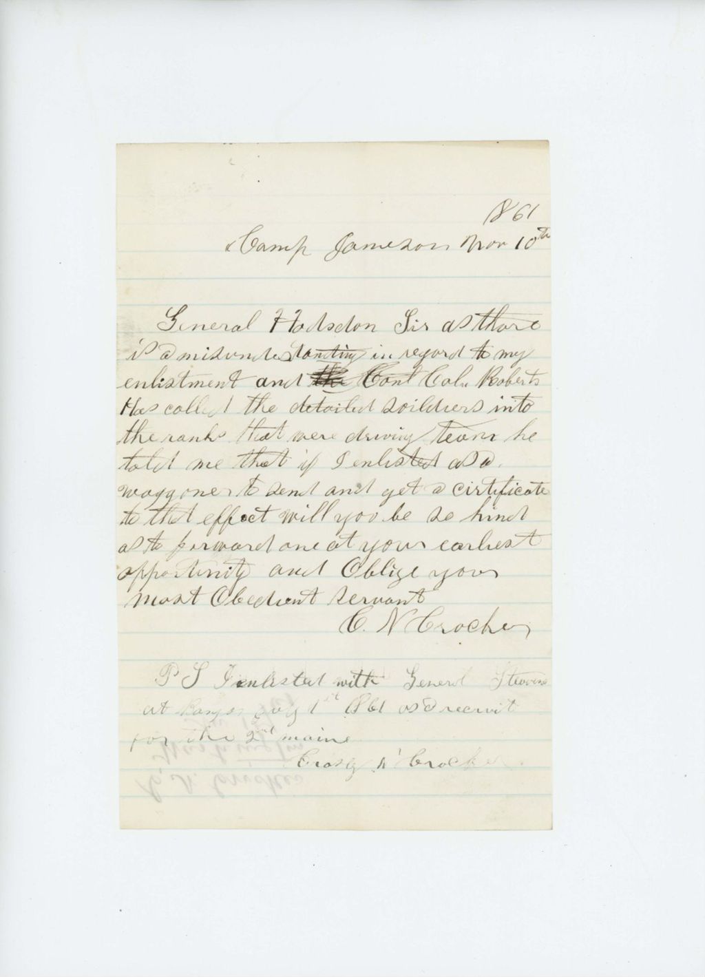 Miniature of C.N. Crocker requests certification of his enlistment as a waggoner