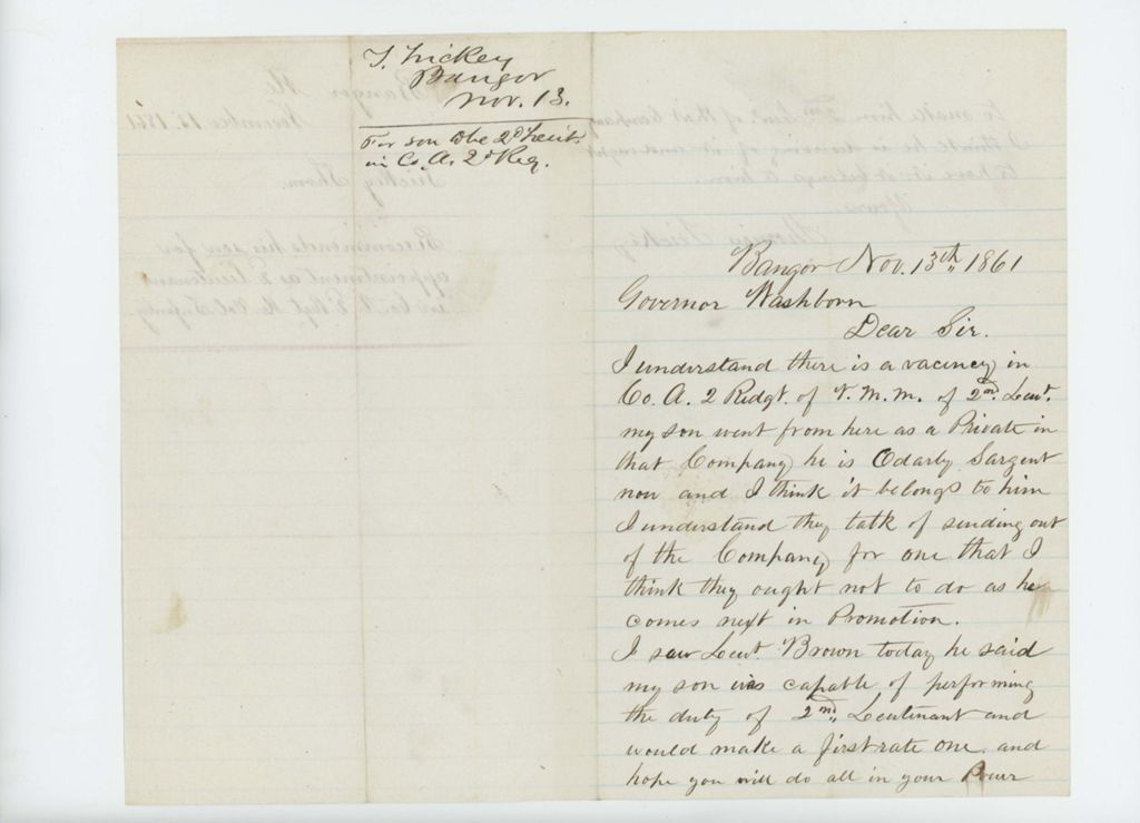 Miniature of Thomas Trickey recommends his son for 2nd Lieutenant in Company A