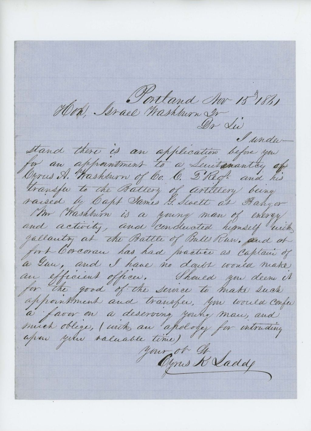 Miniature of Cyrus Ladd requests promotion of Cyrus A. Washburn to Lieutenant and transfer to artillery battery