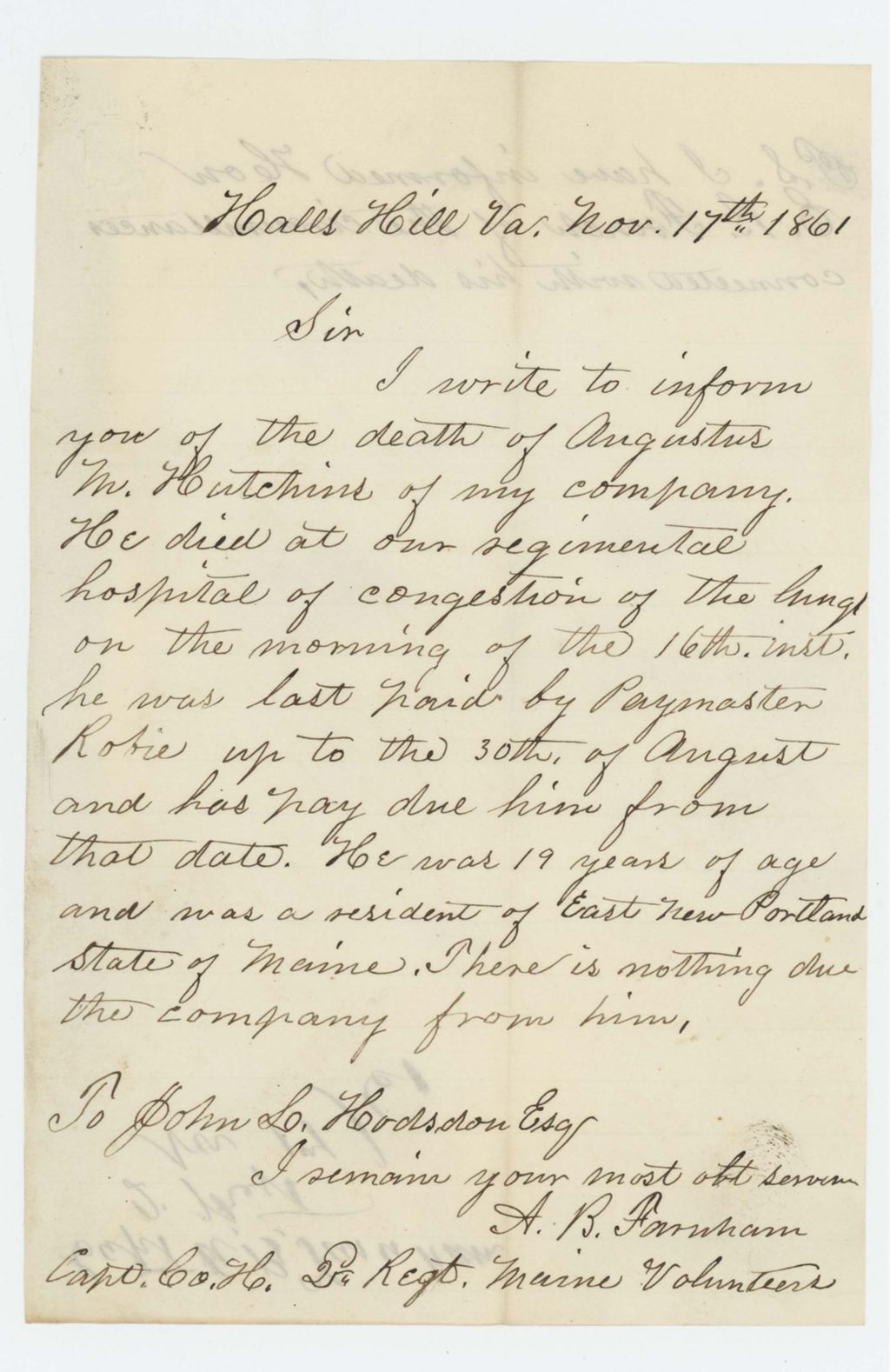 Miniature of Captain Augustus B. Farnham writes to Adjutant General Hodsdon informing him of the death of Augustus Hutchins