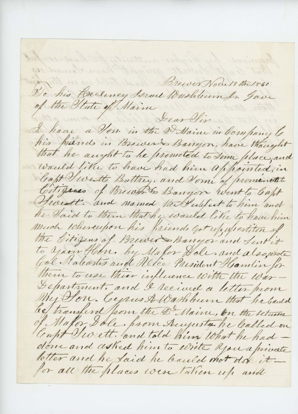 Miniature of George W. Washburn writes to Governor Washburn regarding the promotion of son Cyrus