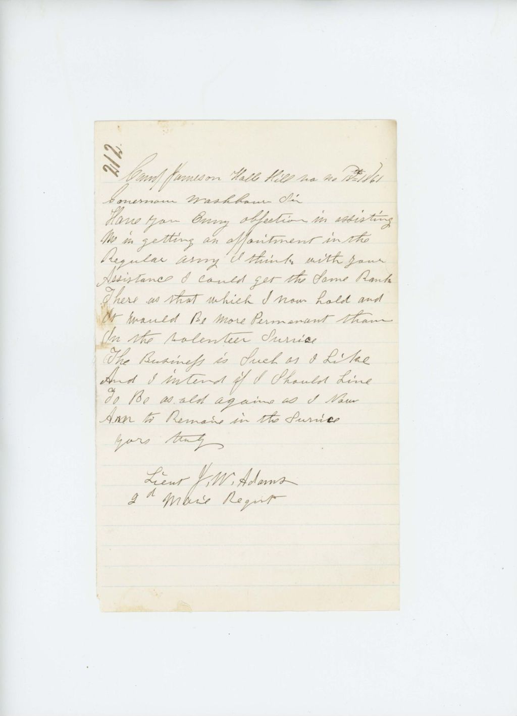 Miniature of Lieutenant J.W. Adams requests position in regular Army instead of volunteers