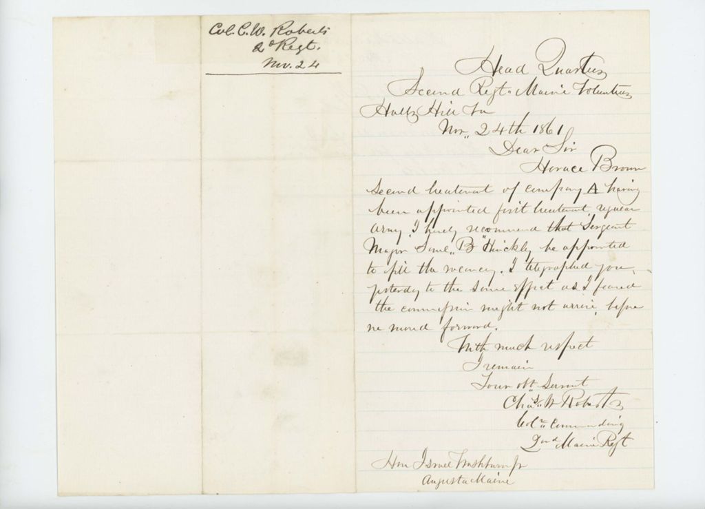 Miniature of Colonel Charles Roberts recommends Samuel B. Hinckley for promotion