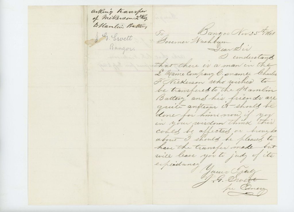 Miniature of J.G. Swett asks that C.F. Nickerson be transferred from infantry to artillery
