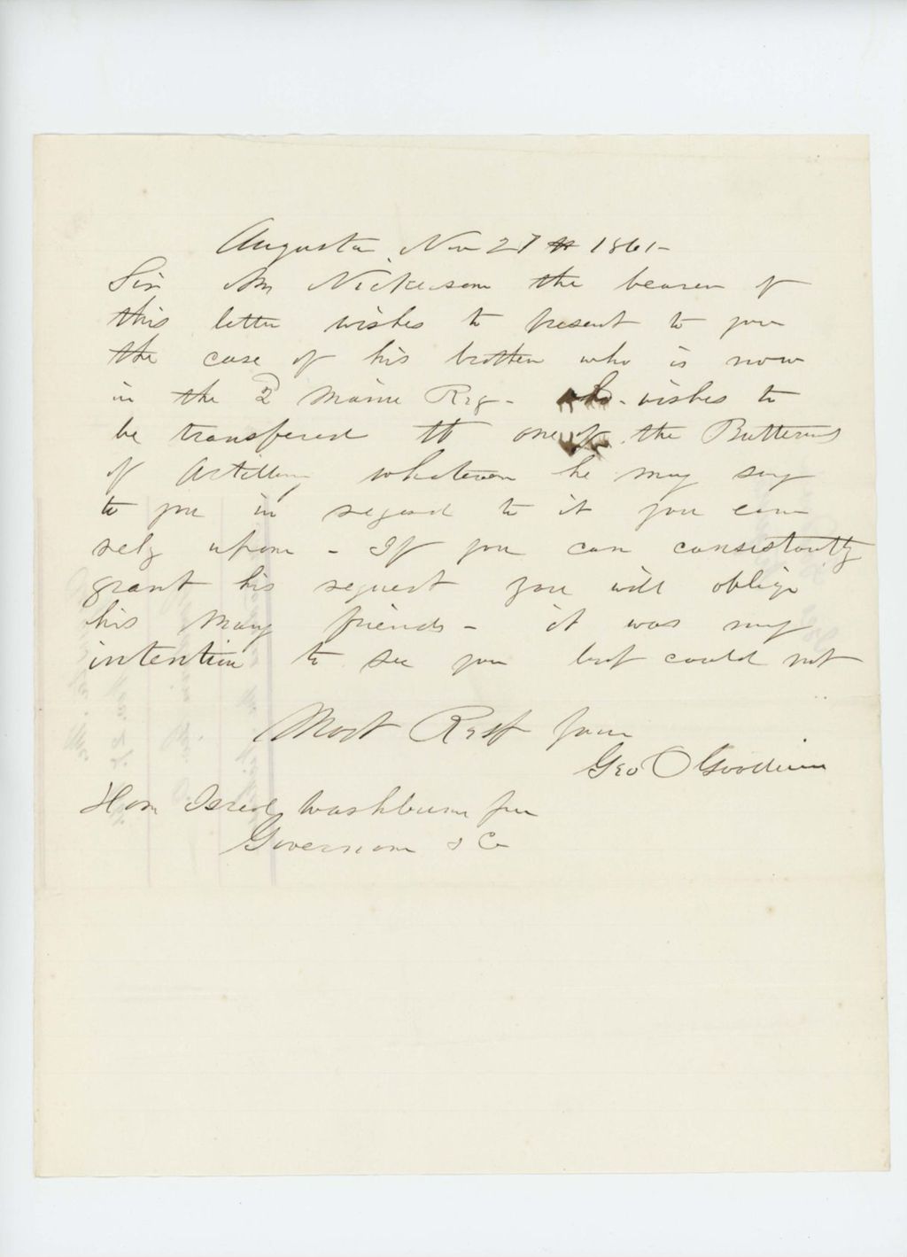 Miniature of George O. Goodwin introduces Mr. Nickerson who wishes a transfer for his brother