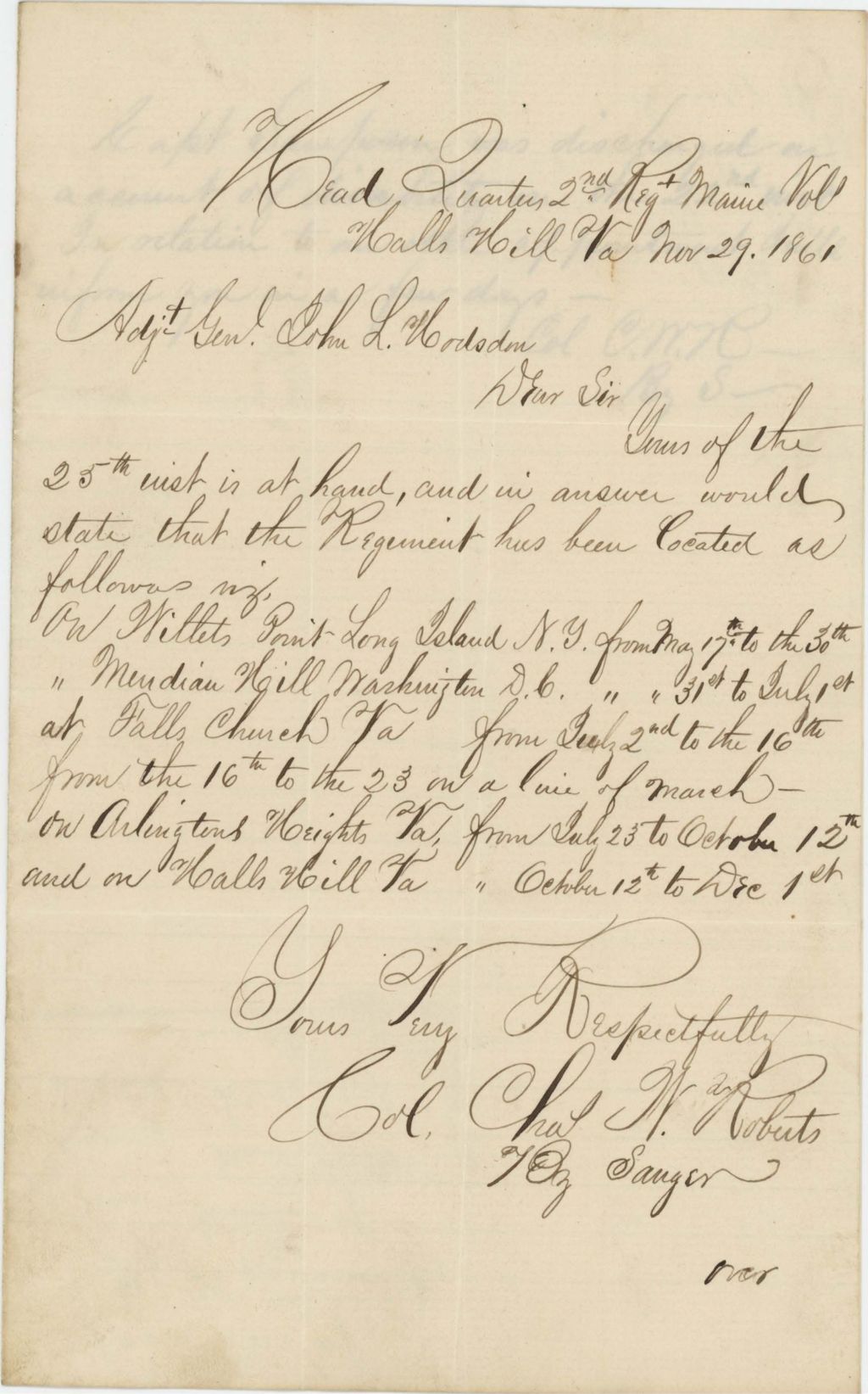 Miniature of Colonel Charles W. Roberts sends regiment encampment locations