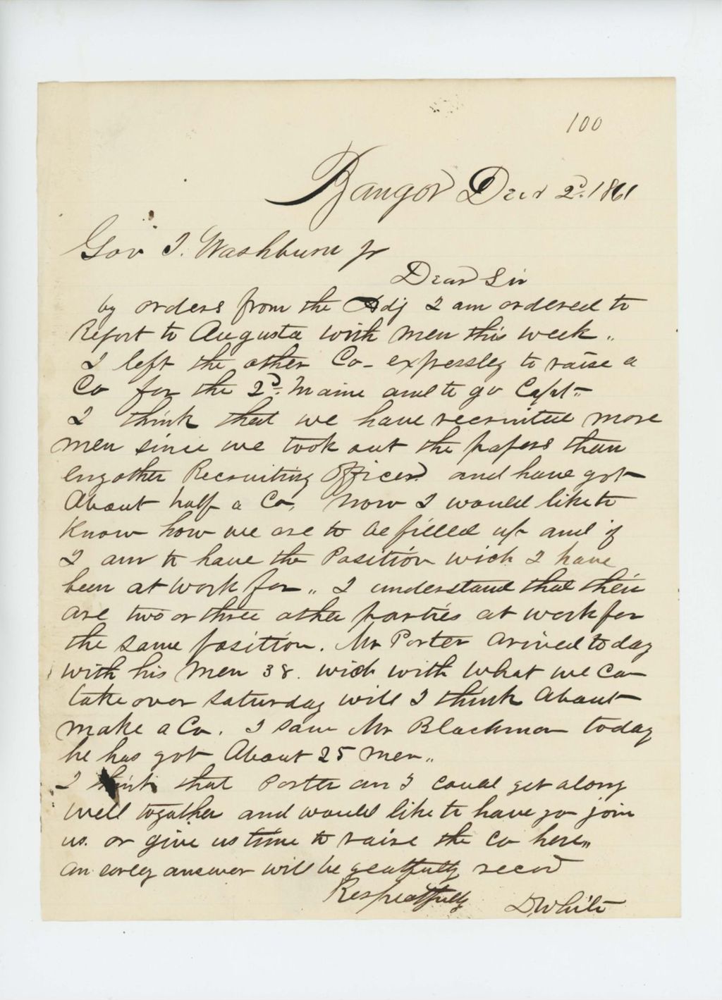 Miniature of Daniel White updates Governor Washburn on status of recruitments