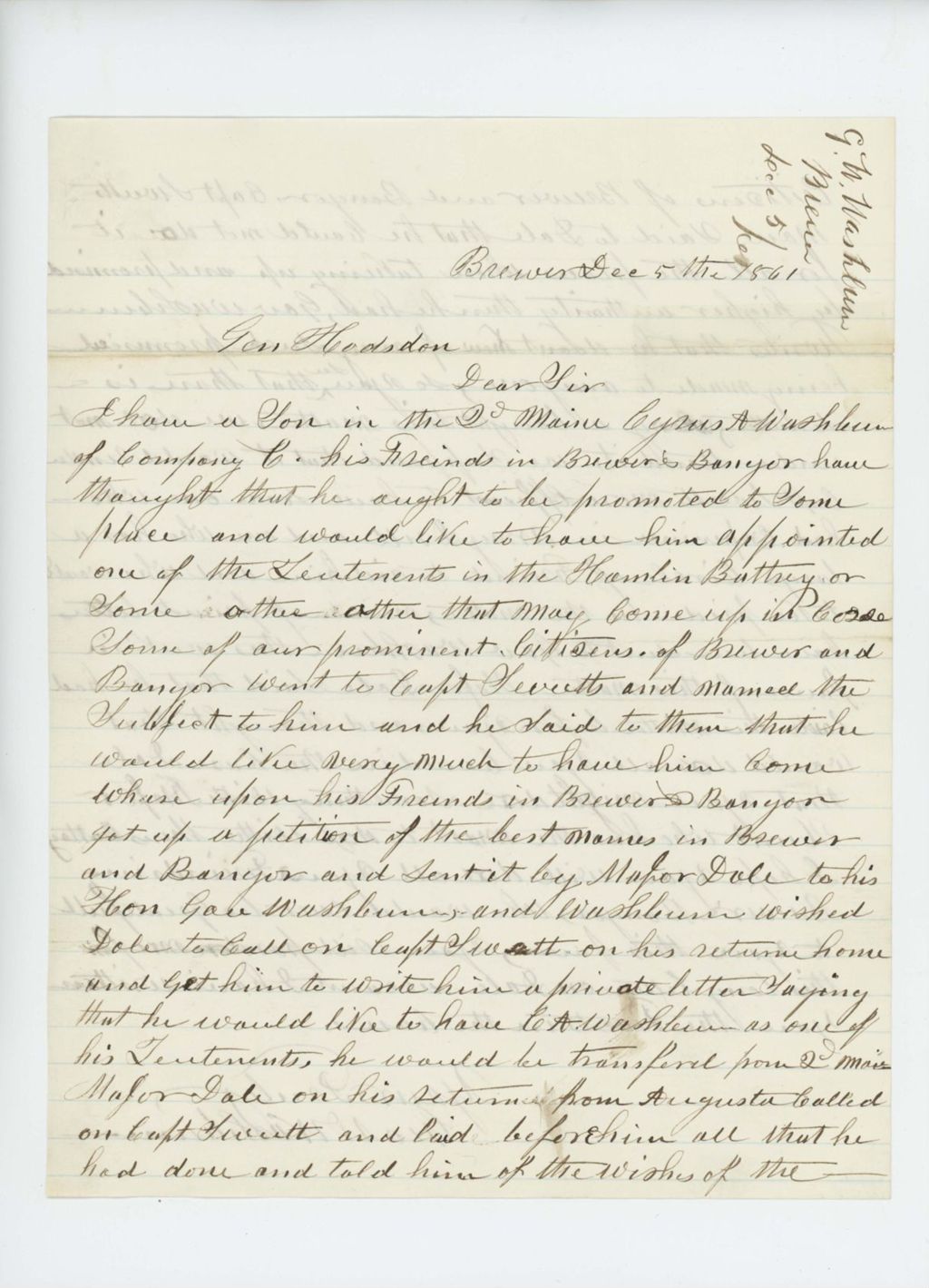 Miniature of George W. Washburn again solicits promotion and transfer for son Cyrus A. Washburn