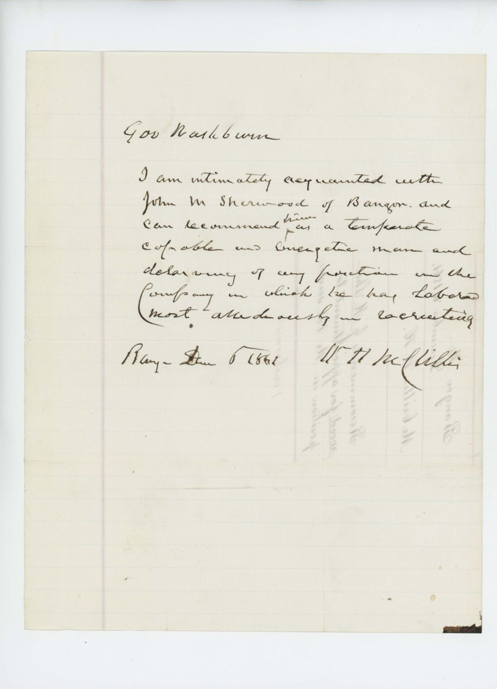 Miniature of W. H. McGillis (McCrillis?) recommends J. M. Sherwood for appointment