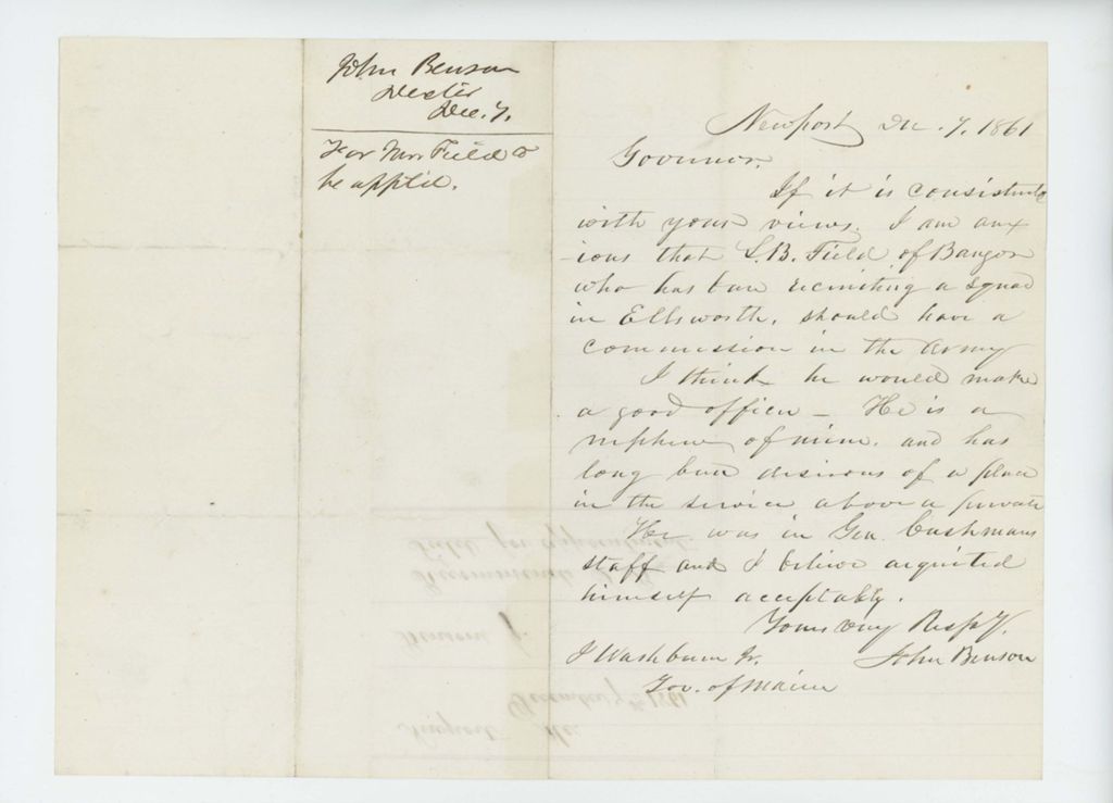 Miniature of John Benson recommends appointment of J.B. Field
