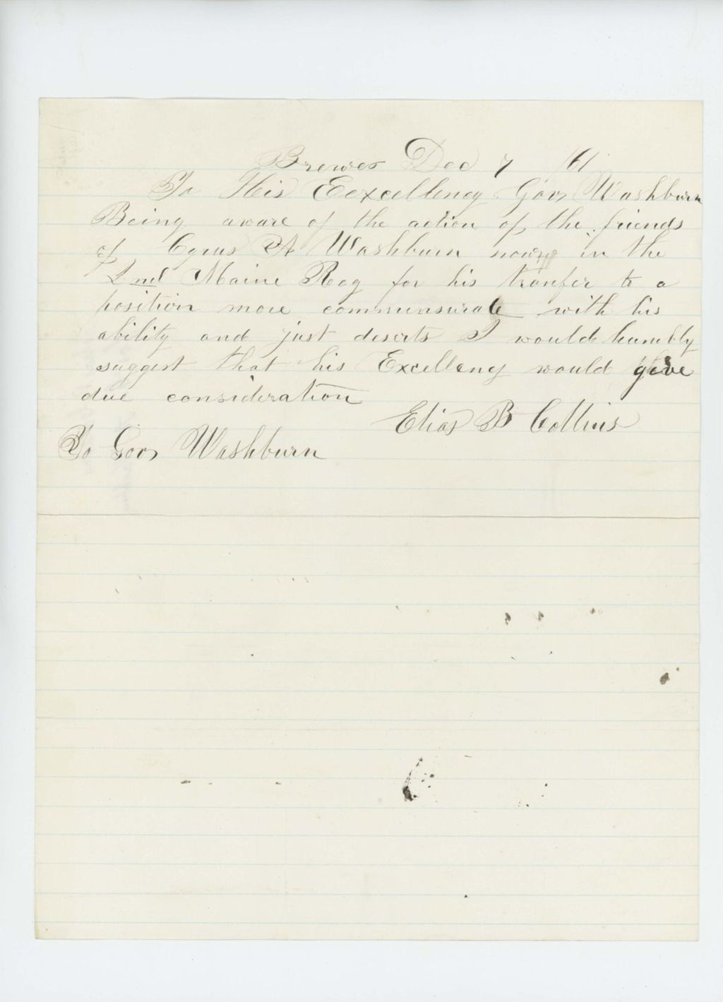 Miniature of Elias B. Collins recommends promotion and transfer of Cyrus A. Washburn