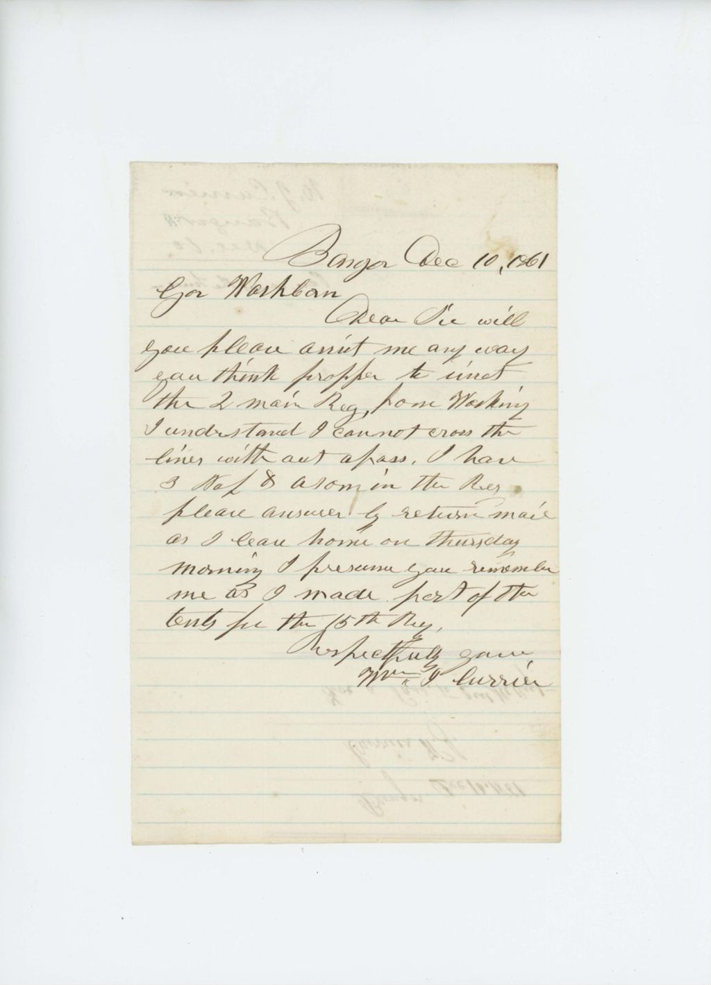 Miniature of W. J. Currier requests a pass to the 2nd Regiment
