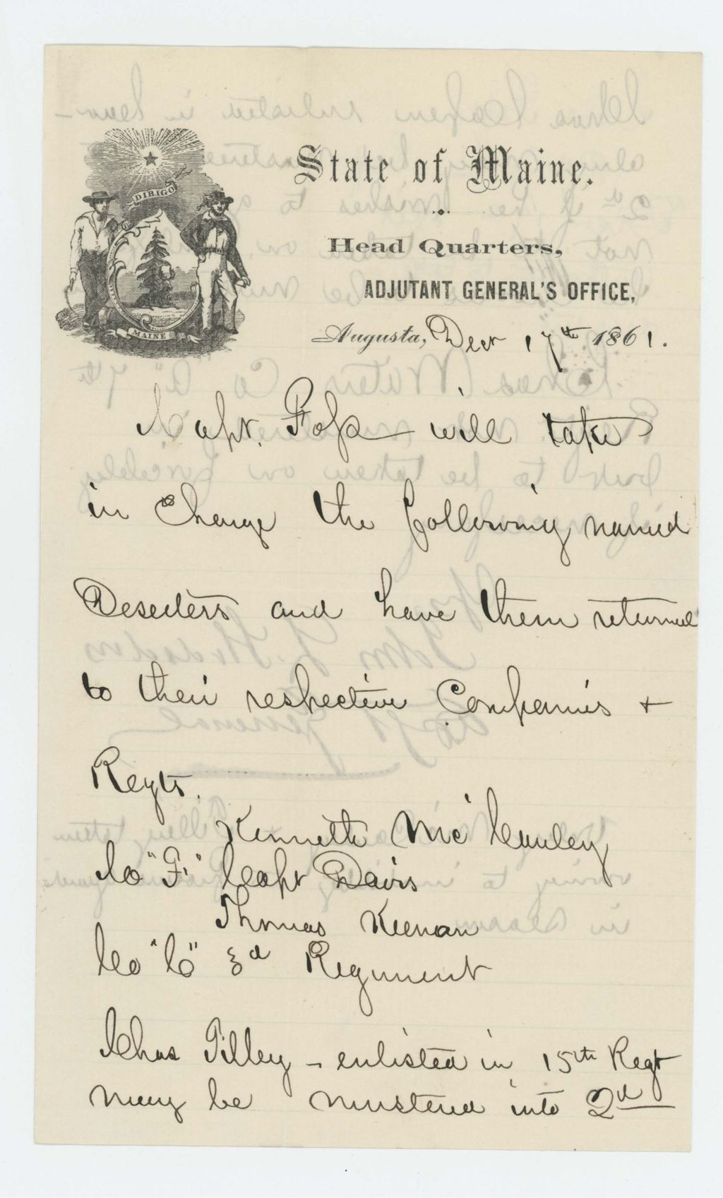 Miniature of Adjutant General Hodsdon grants Captain Foss authority to return deserters