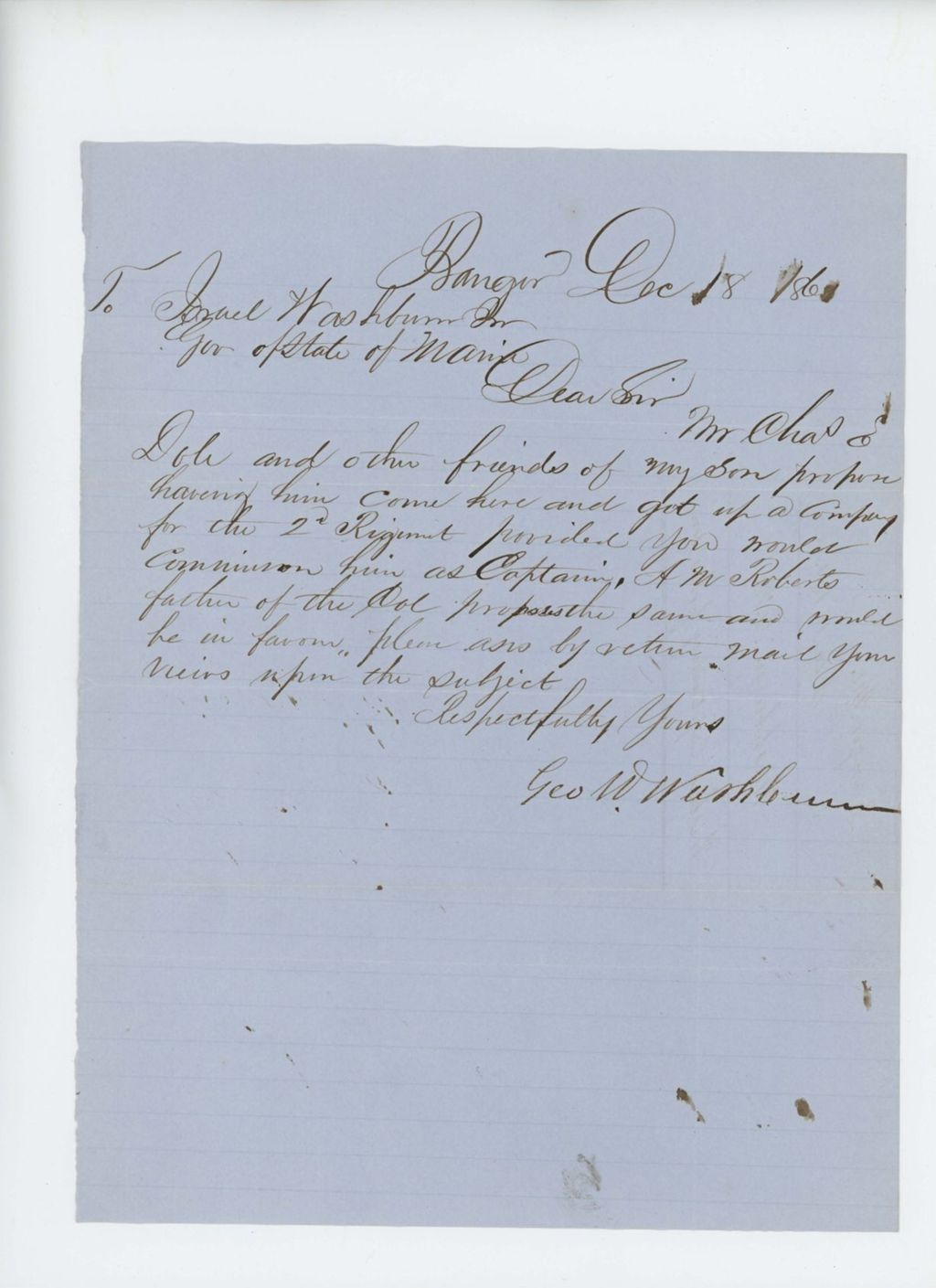Miniature of George Washburn requests information regarding promotion of son Cyrus