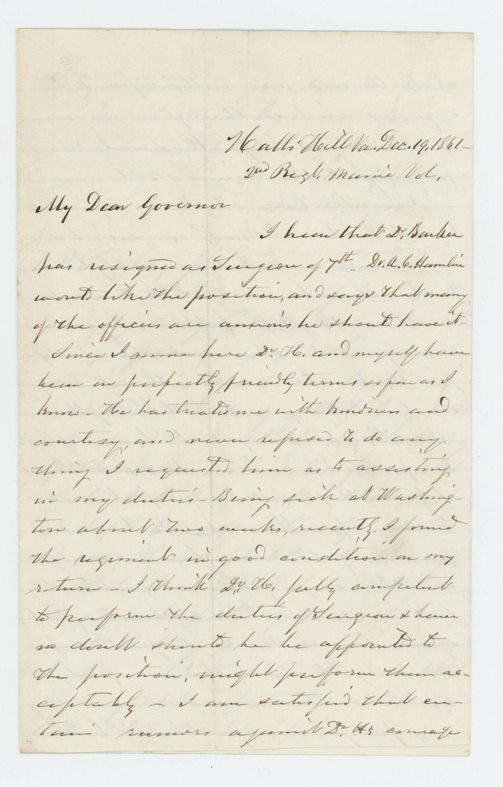 Miniature of S.B. Morrison requests appointment of Dr. Hamlin as surgeon of the 7th Maine Regiment