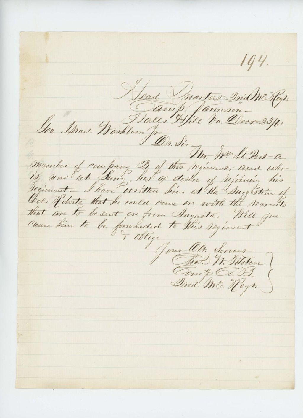 Miniature of Mr. Nye asks Governor Washburn to remedy Colonel Robert's treatment of the teamsters