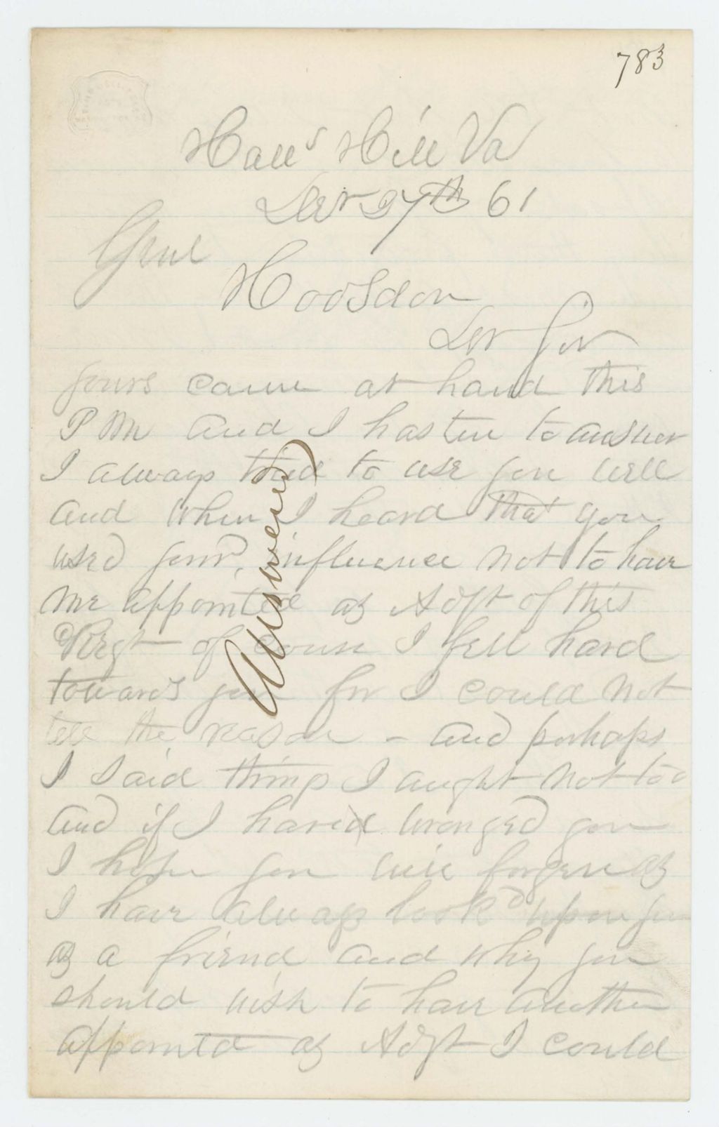Miniature of Charles Tilden informs Governor Washburn that Mr. Post wishes to rejoin the regiment