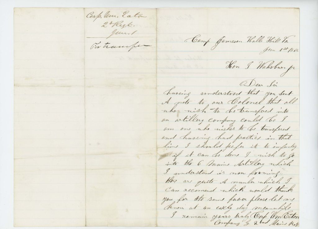 Miniature of Corporal William Eaton requests a transfer to the 6th Maine artillery unit