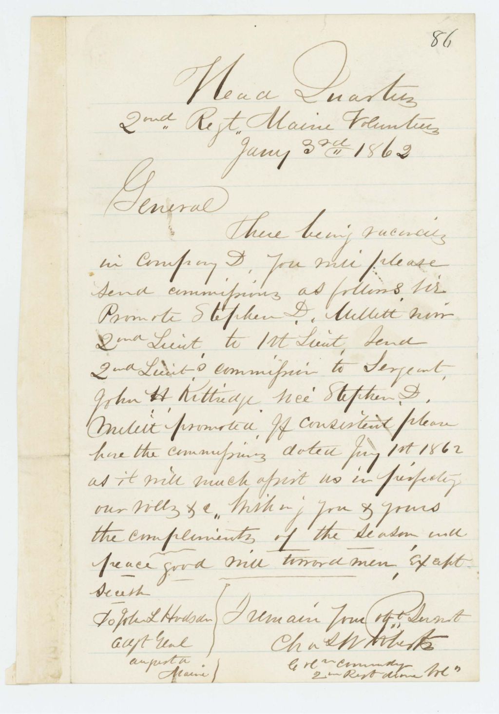 Miniature of Colonel Charles Roberts forwards promotions to Adjutant General Hodsdon