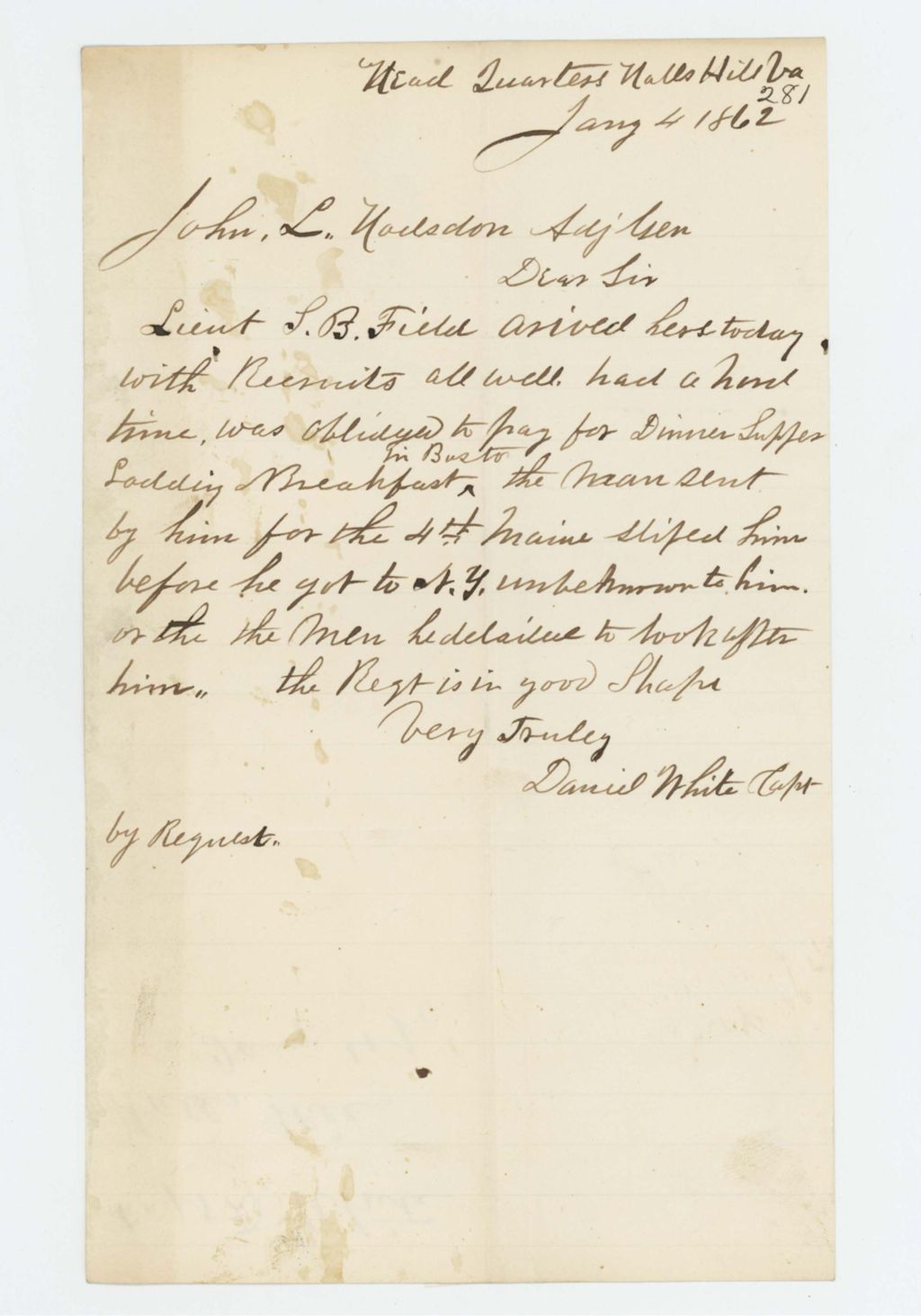 Miniature of Captain Daniel White informs General Hodsdon that recruits have arrived