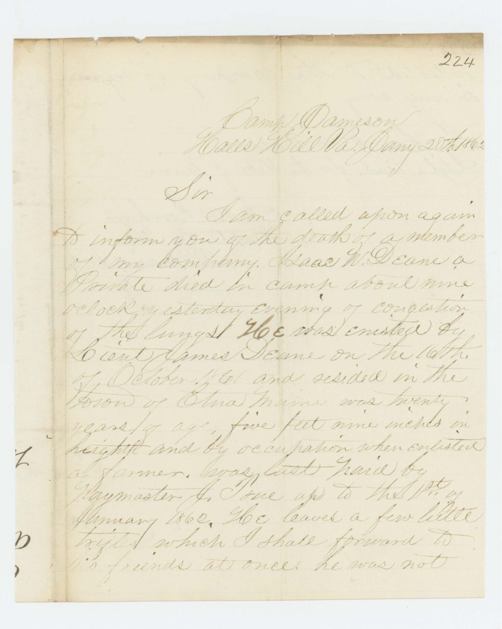 Miniature of Captain A.B. Farnham informs Adjutant General Hodsdon of the death of Isaac W. Deane