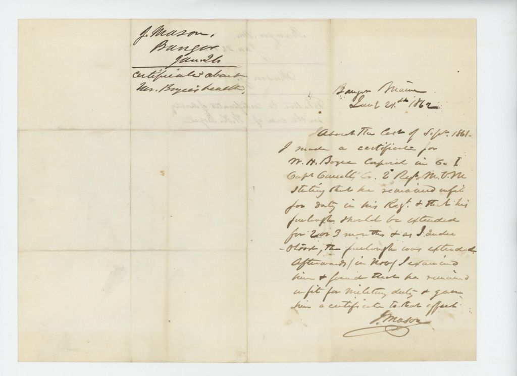 Miniature of J. Mason writes regarding certificates of disability for W.H. Boyce