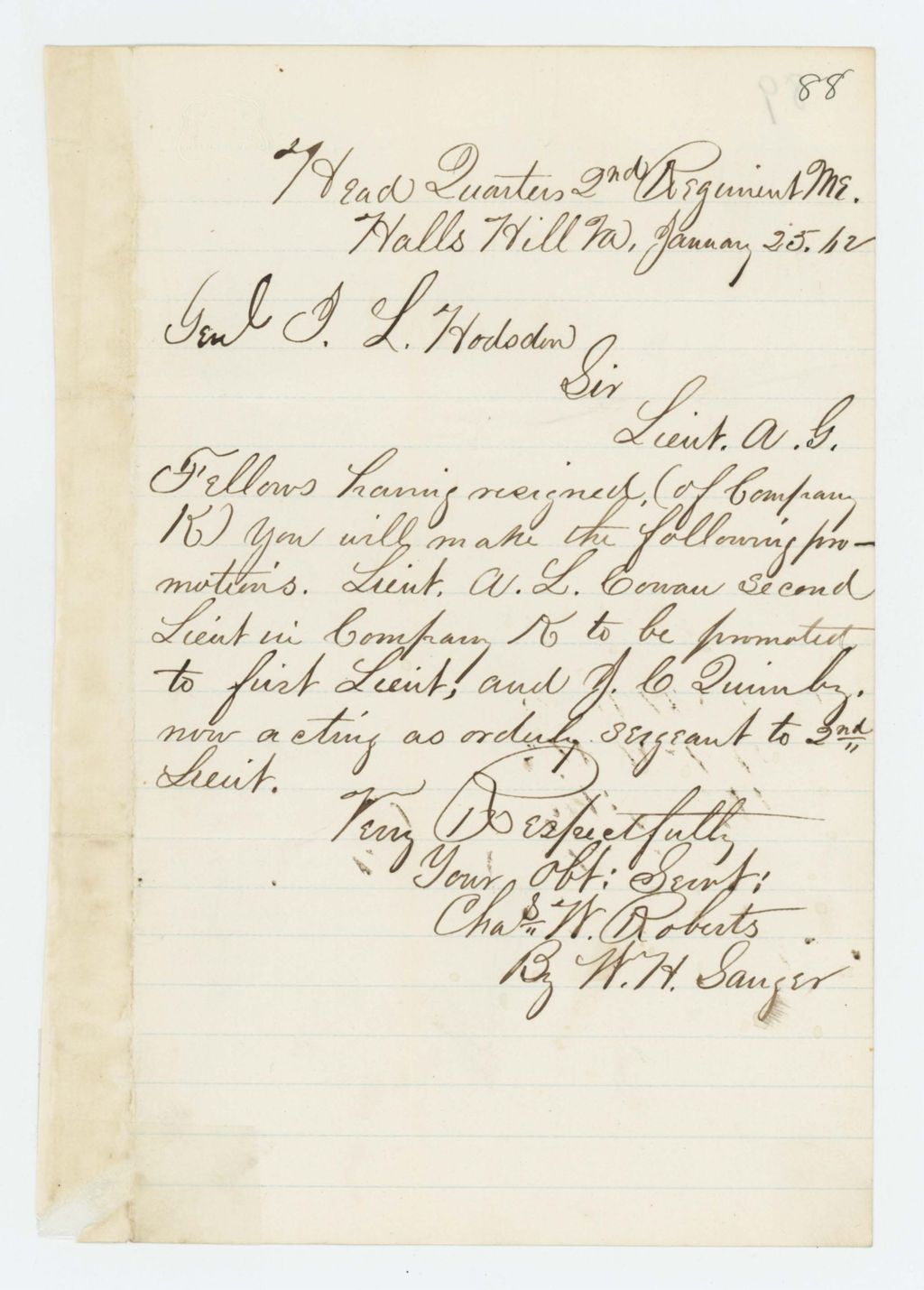Miniature of Colonel Charles Roberts recommends A.L. Cowan and J.C. Quimby for promotion