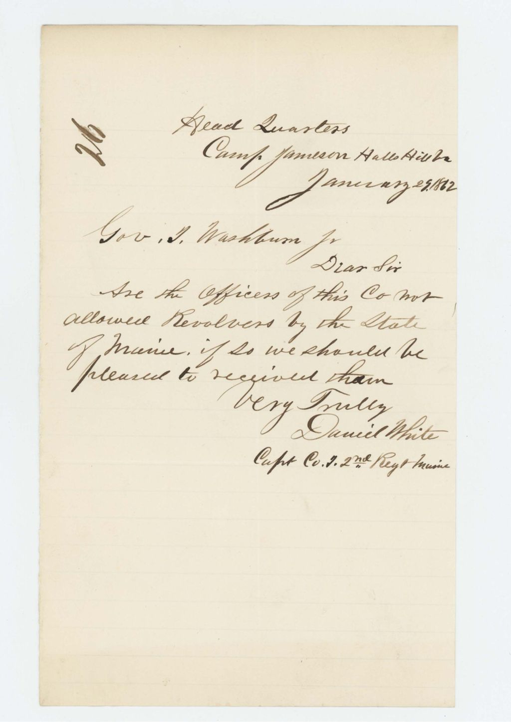 Miniature of Captain Daniel White requests revolvers for the regimental officers