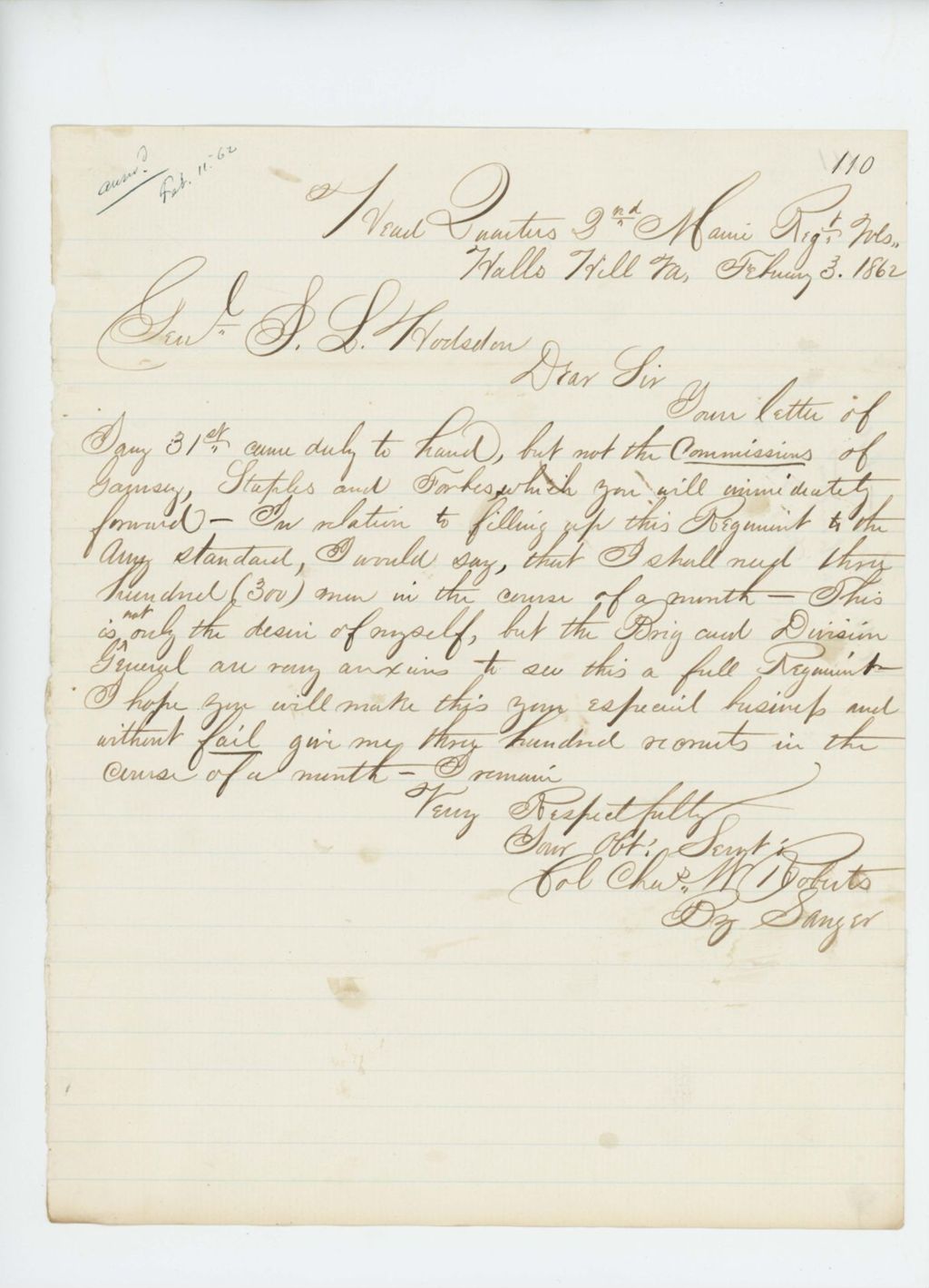 Miniature of Colonel Charles Roberts requests commissions for Garnsey, Staples, and Forbes