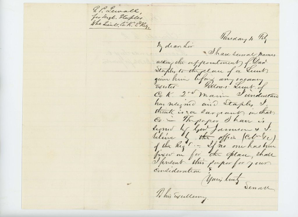 Miniature of G. P. Sewall recommends Sergeant D. Staples for promotion