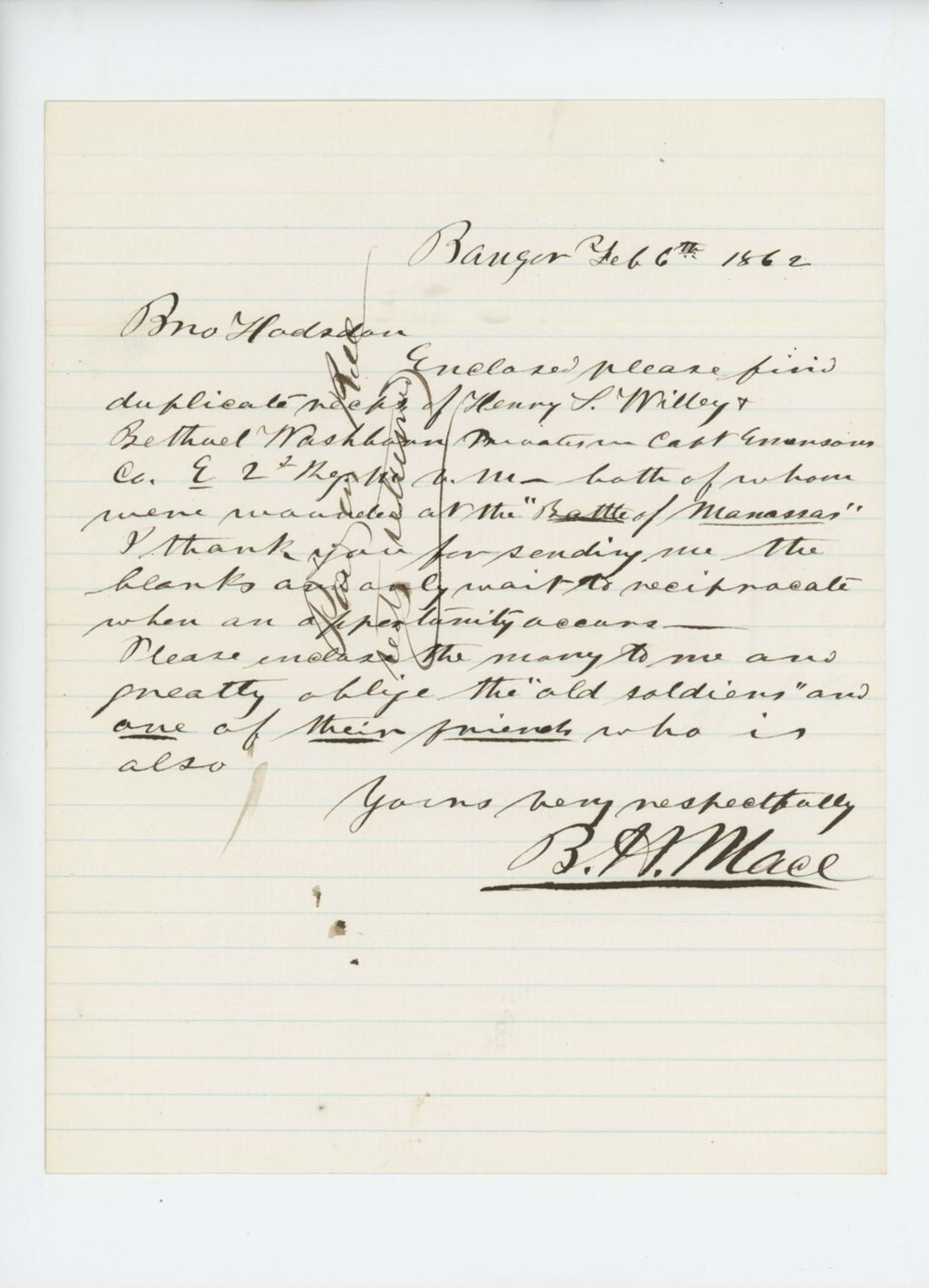 Miniature of B.H. Mace returns receipts for men wounded at Manassas