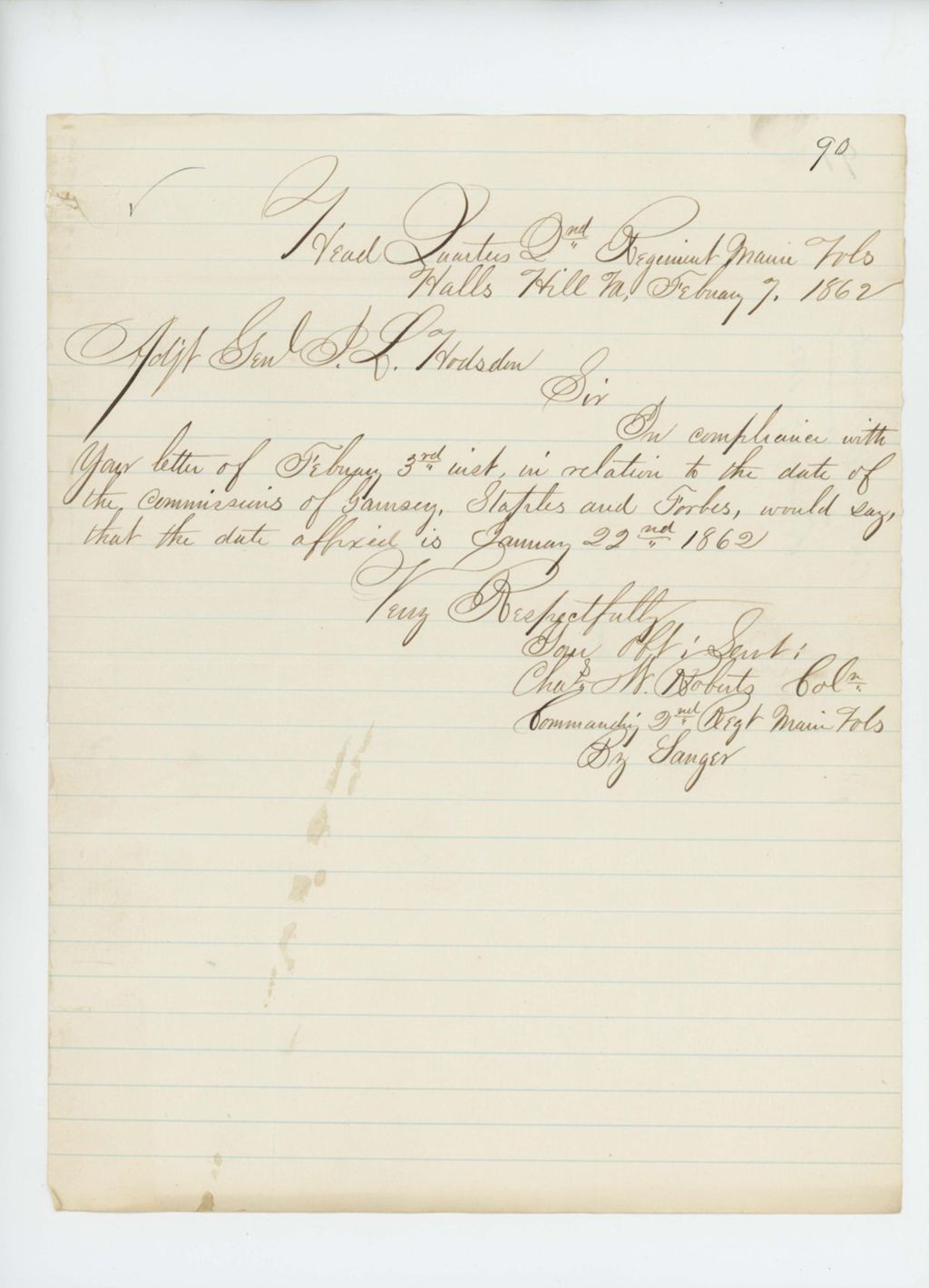 Miniature of Colonel Charles Roberts writes Adjutant General Hodsdon regarding commissions of Garnsey, Staples, and Forbes